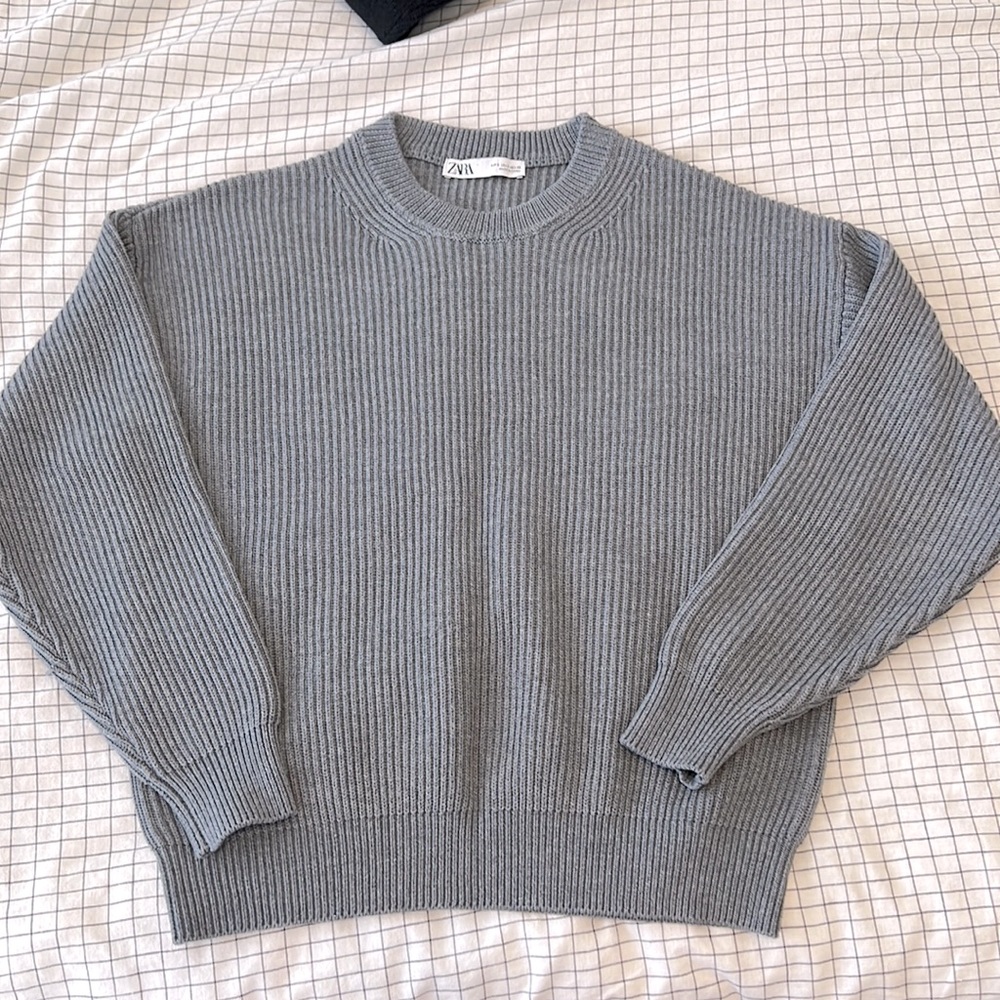 Zara Grey Knit Ribbed Crewneck Sweater size Small